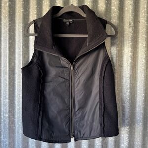 Eileen Fisher Black Wool Nylon Mixed Media Zip Up Vest S/P F4BWT funnel collar